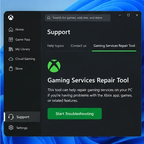 Xbox app Support page with Gaming Services Repair Tool and Start Troubleshooting control.