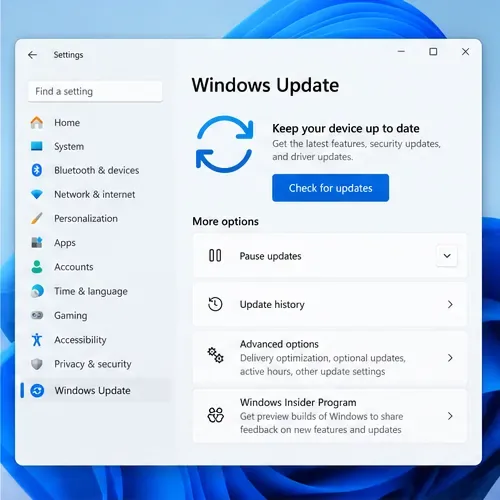 Windows 11 Settings on the Windows Update page with the Check for updates button.