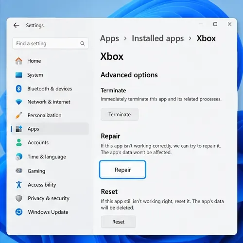 Windows Advanced options page for the Xbox app with Repair and Reset controls.