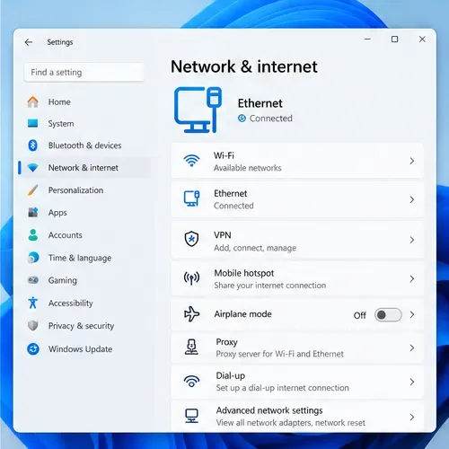 Windows 11 Network & internet settings showing Ethernet connected and Wi-Fi options.