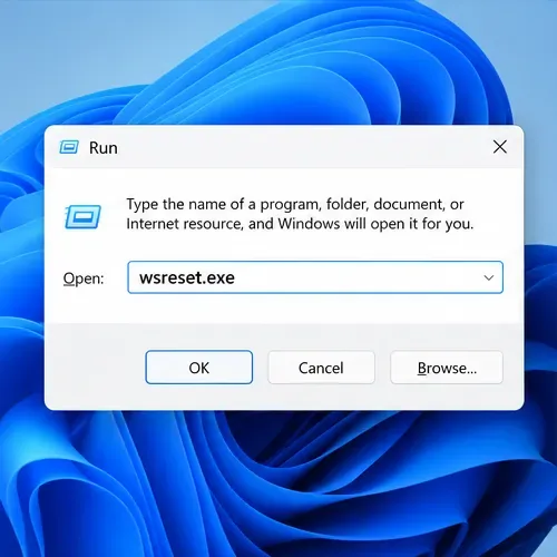 Windows Run dialog with wsreset.exe entered in the Open field.