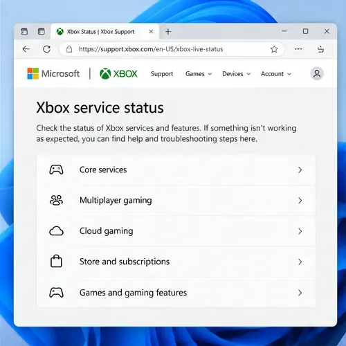 Xbox service status page with categories for core services, multiplayer, cloud gaming, and store services.