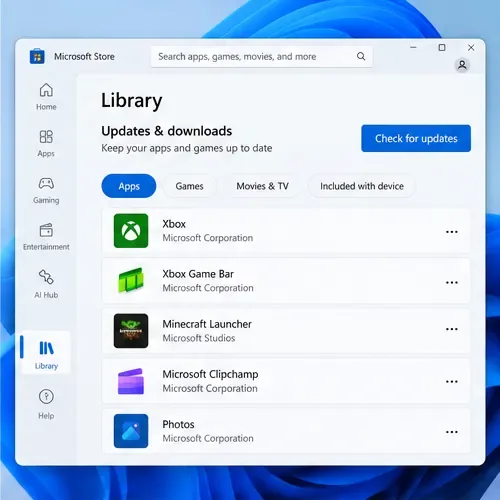 Microsoft Store Library page showing the Check for updates control and an Xbox app entry.