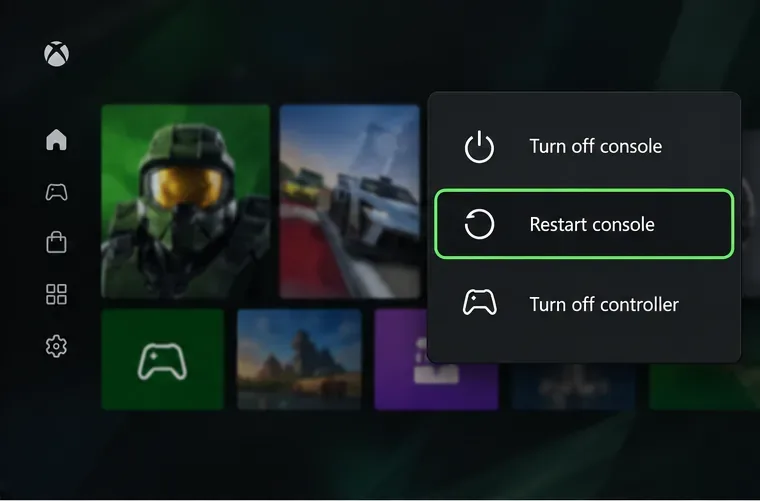 เมนูเปิด/ปิดเครื่องแบบเดียวกับ Xbox โดยมีตัวเลือก "รีสตาร์ทคอนโซล" อยู่