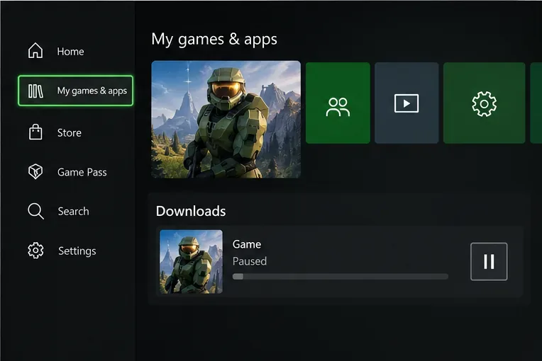 หน้าจอแดชบอร์ด Xbox แสดงไอคอนเกมที่กำลังเล่นอยู่และไอคอนการดาวน์โหลดที่หยุดชั่วคราวในคิว