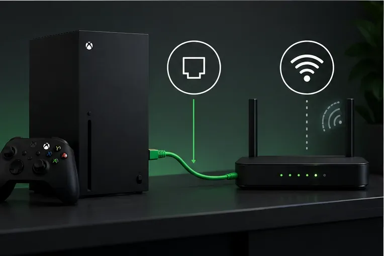 เครื่องเล่นเกมแบบ Xbox เชื่อมต่อกับเราเตอร์ในบ้านด้วยสายอีเธอร์เน็ต โดยมีสัญลักษณ์ Wi-Fi แสดงอยู่ข้างๆ การเชื่อมต่อแบบใช้สาย