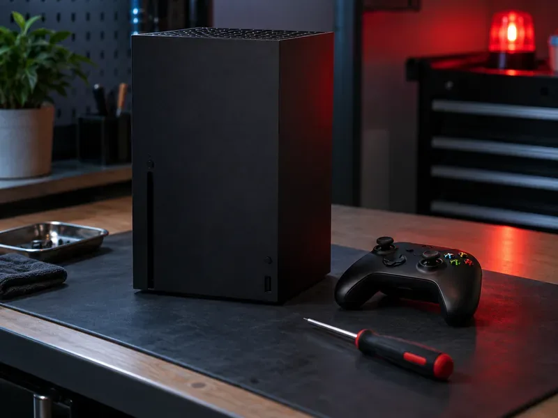Um Xbox Series X fechado ao lado de uma chave de fenda em uma bancada de reparos, com uma luz vermelha de advertência ao fundo.