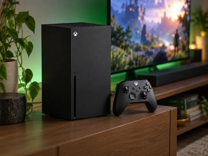 Um console Xbox Series X e um controle sem fio em uma prateleira de mídia na sala de estar, com uma televisão suavemente iluminada atrás deles.
