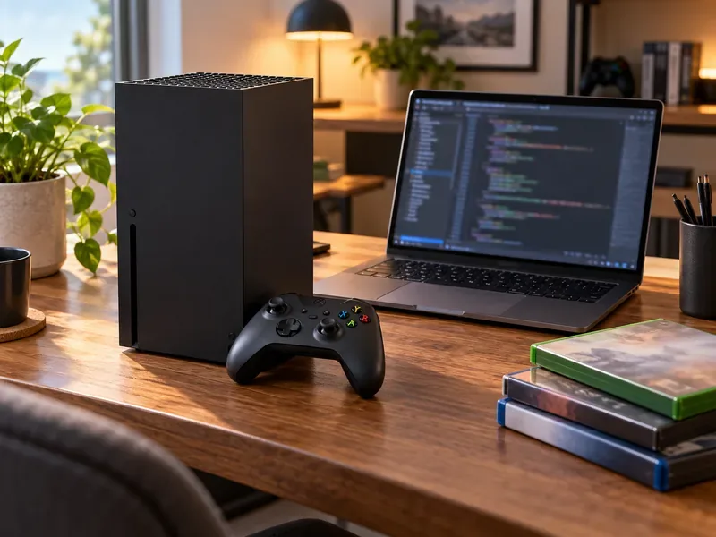 Um Xbox Series X e um controle ao lado de um laptop com um editor de código desfocado e várias caixas de jogos em cima de uma mesa.