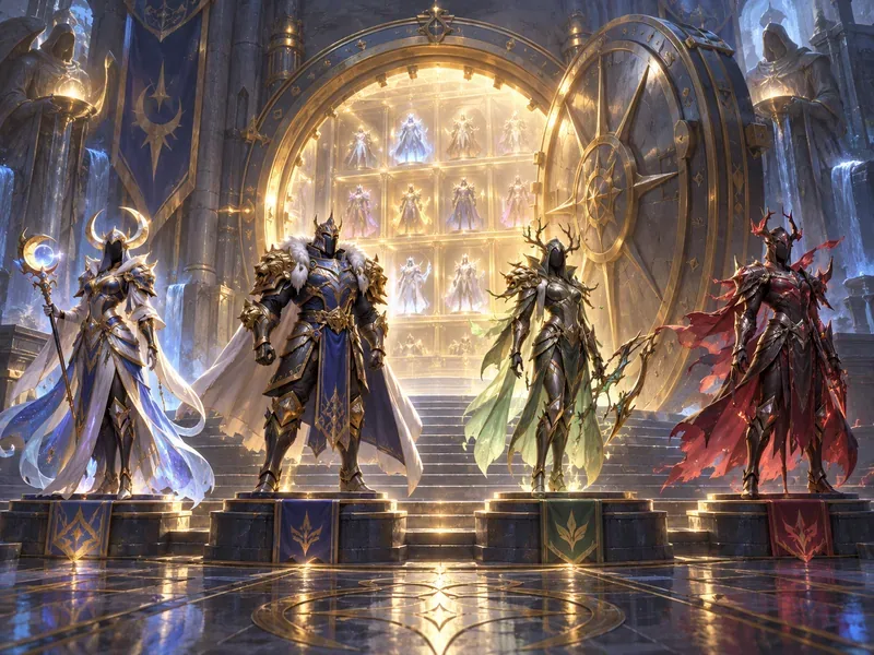 Four fantasy armor designs displayed in front of a glowing collection vault.