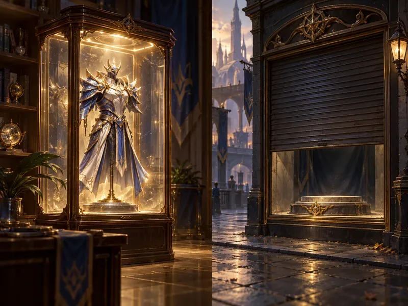 A fantasy armor skin remains inside a glass cabinet beside a closed shop display.