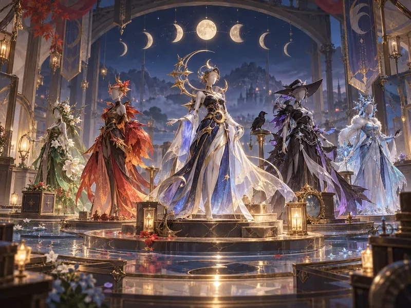Seasonal fantasy skin designs displayed beneath a row of changing moon phases.