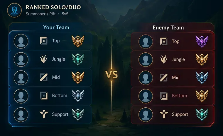 ตัวอย่างล็อบบี้จัดอันดับ Solo/Duo ที่มีทีมห้าคนสองทีม โดยแสดงตราสัญลักษณ์อันดับที่แตกต่างกันในบทบาทที่เกี่ยวข้อง