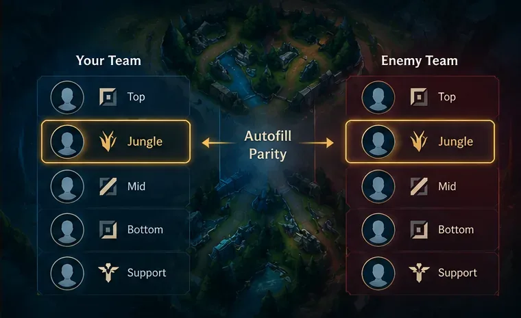 แสดงรายชื่อบทบาทสองรายการเคียงข้างกัน โดยเน้นตำแหน่ง Jungle ของทั้งสองทีมเพื่ออธิบายความเท่าเทียมกันของการเติมตำแหน่งอัตโนมัติ