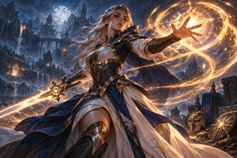 A spell-sword champion channels a bright circular ability while relics remain in shadow behind her.