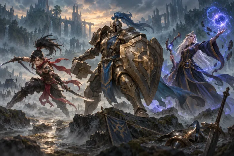 Three fantasy combatants—a nimble duelist, armored guardian, and spellcaster—stand with distinct silhouettes on a battlefield.