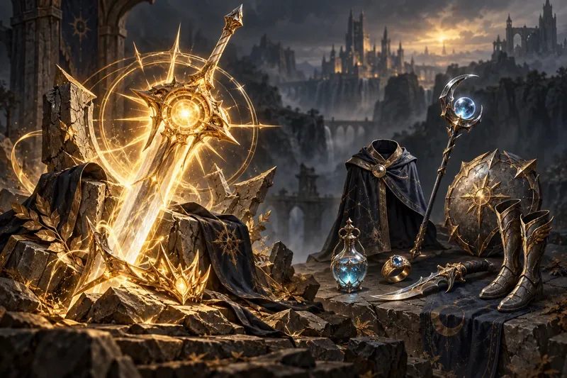 A luminous golden sword and crystal surrounded by armor and other relics on a dark fantasy battlefield.