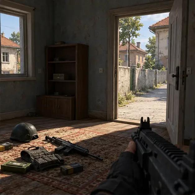 A rifle, helmet, ammunition, and a vest lie on a room floor while the player watches the open doorway toward the street