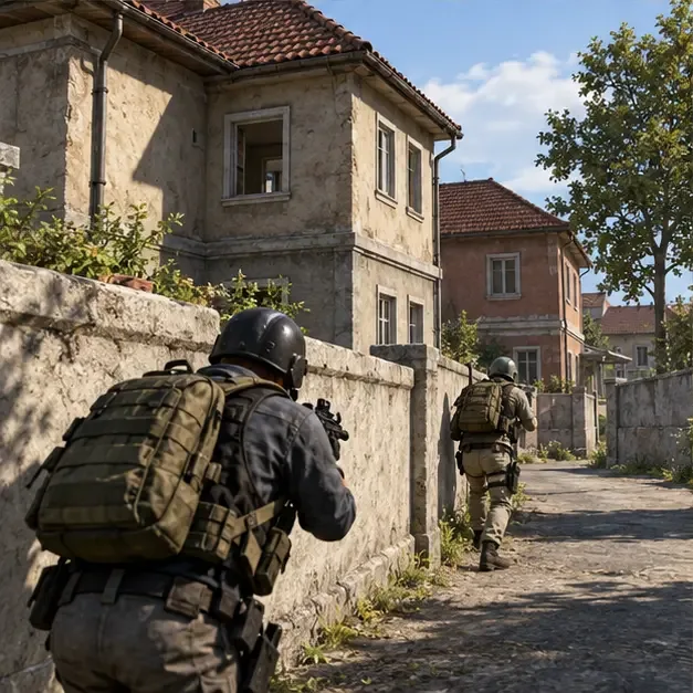 Two squadmates move along a low wall between two-story houses while one watches the upper windows