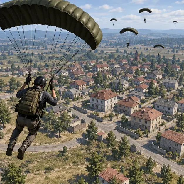 A parachuting player approaches the outer houses of a dense Erangel-style town as other parachutes descend over the central blocks