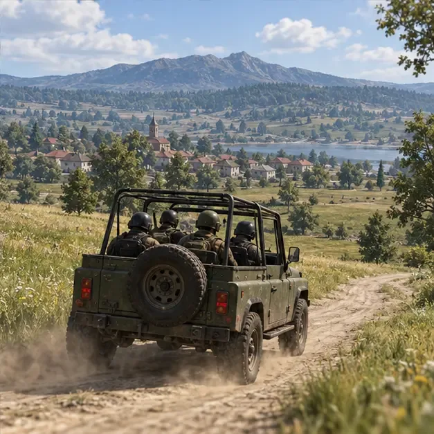 A squad rides in a rugged vehicle away from a town toward open countryside after an early fight