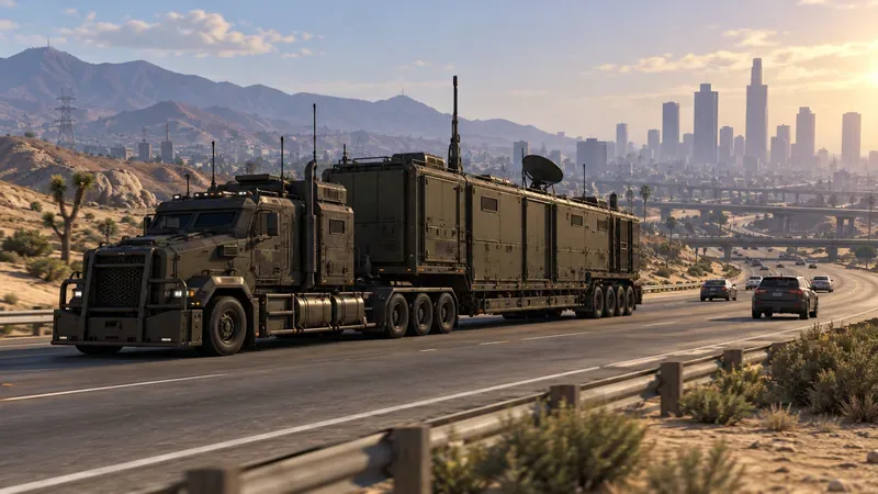 A long armored mobile command truck and trailer traveling on a desert highway