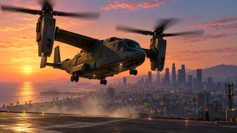 A tiltrotor aircraft lifting above a coastal city at sunset