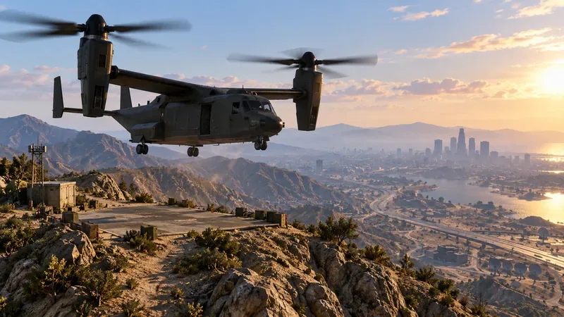 A tiltrotor aircraft hovering above a mountain landing area with a city and highway in the distance