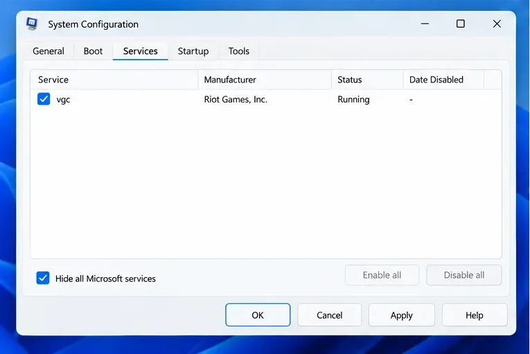 System Configuration clean-boot service list showing vgc checked