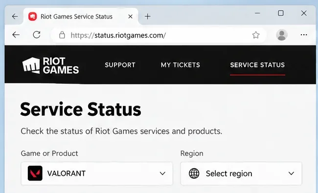 Riot Games Service Status page with VALORANT and region selectors visible