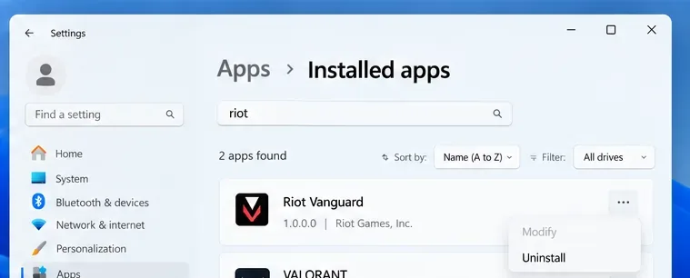 Windows Installed apps screen with the Riot Vanguard uninstall option open
