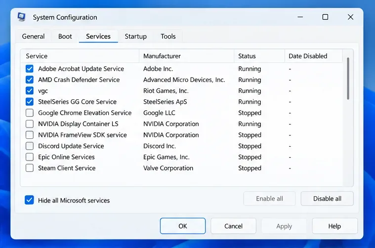 System Configuration Services tab with Hide all Microsoft services checked, vgc listed, and Disable all visible
