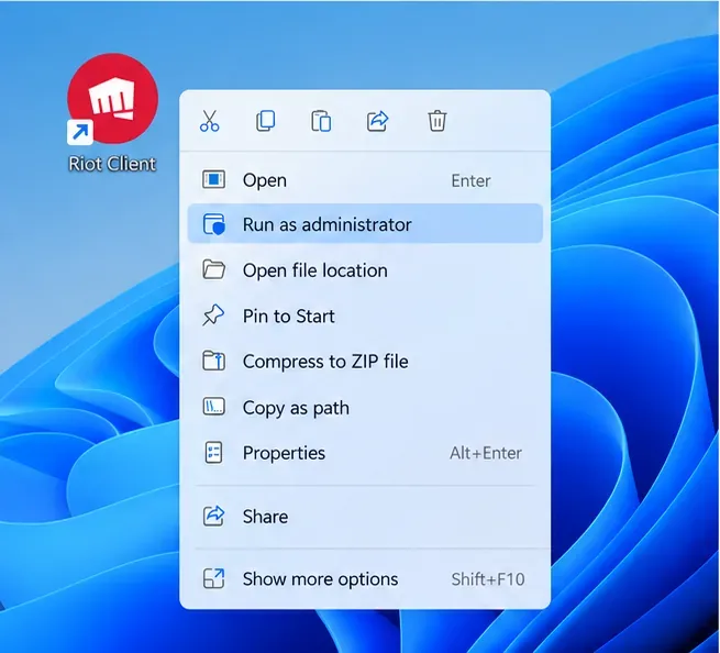 Riot Client shortcut context menu with Run as administrator highlighted