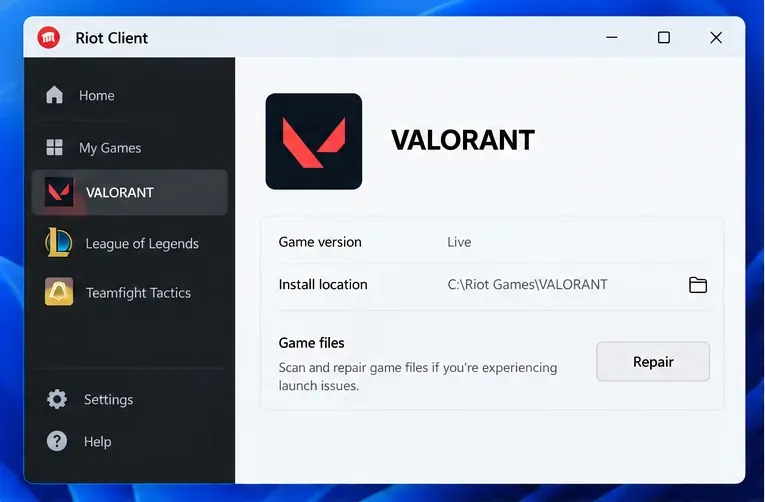 Riot Client Settings screen with VALORANT selected and the Repair button visible