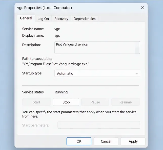 Windows Services properties for vgc showing Automatic startup and a Running service status