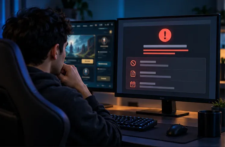 A player reviewing a generic account penalty notice on a monitor before deciding what to do next.