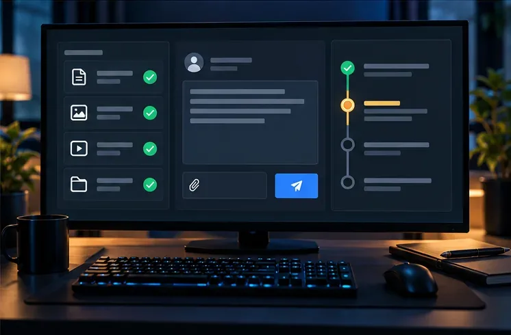 A generic support workspace with an organized evidence checklist, a concise appeal message, and a ticket status timeline.