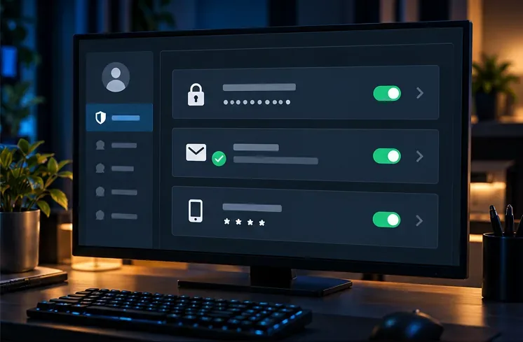 A generic account security screen showing password, verified email, and multi-factor authentication protections enabled.