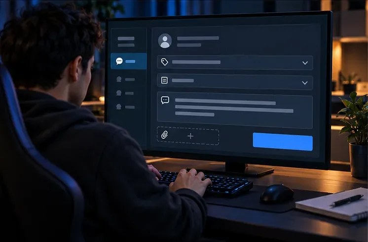 A player filling in a generic support request form with a category selector, message field, and attachment control.