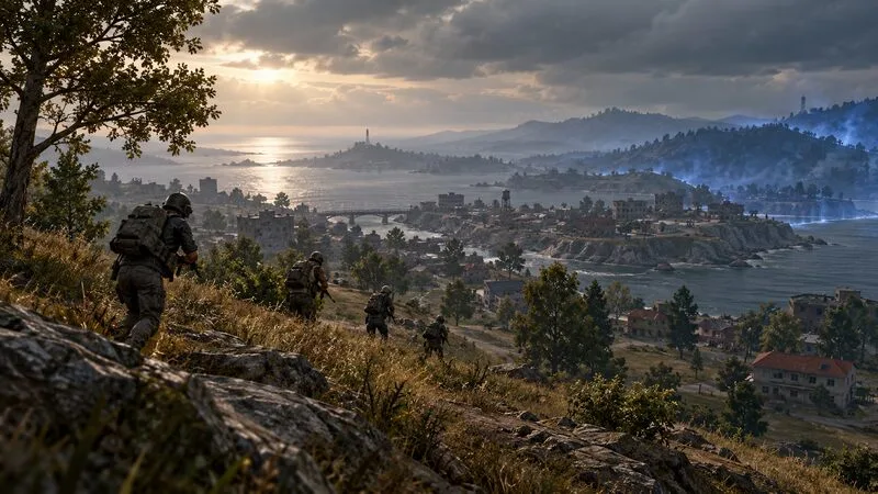A squad advances toward a coastal settlement across a broad battle royale island.
