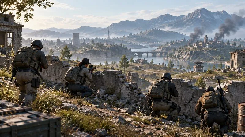 Squad members use a low stone wall for cover while looking across a mountainous battleground.