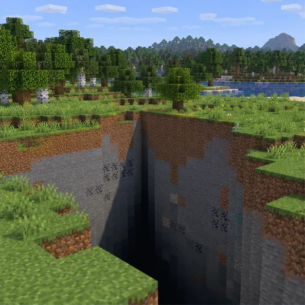 A square gap in a grassy Minecraft-style landscape exposes stone below, illustrating a missing-terrain symptom.