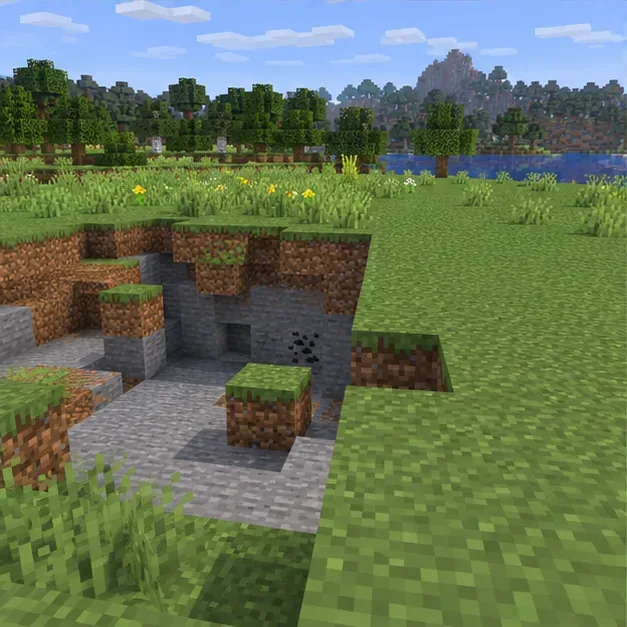 An uneven boundary between a grass plain and exposed stone at a chunk edge.