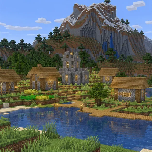 A mountain village in an intact voxel landscape, representing a healthy comparison world.
