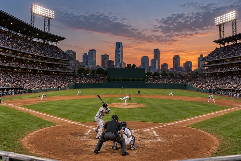 A major-league baseball diamond at dusk, viewed from behind home plate with the field and full grandstands visible.