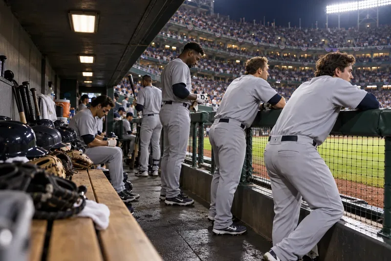 Players in a baseball dugout lean on the rail and watch the field, with helmets and gloves on the bench.