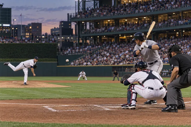 A pitcher delivers to a batter while a catcher and umpire wait at home plate in a crowded ballpark.