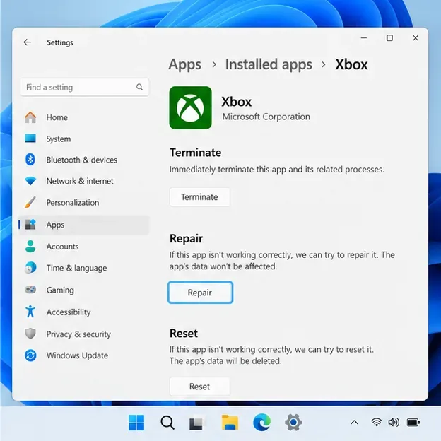 Windows Settings Xbox Advanced options page with the Repair button highlighted