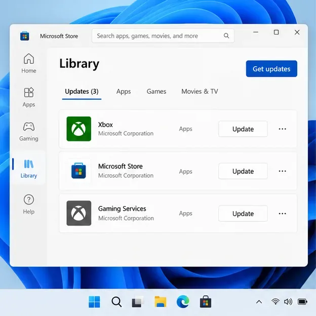 Microsoft Store Library with a Get updates control and Xbox app update listing