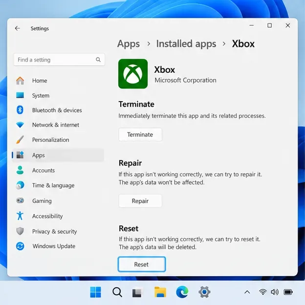 Windows Settings Xbox Advanced options page with the Reset button highlighted